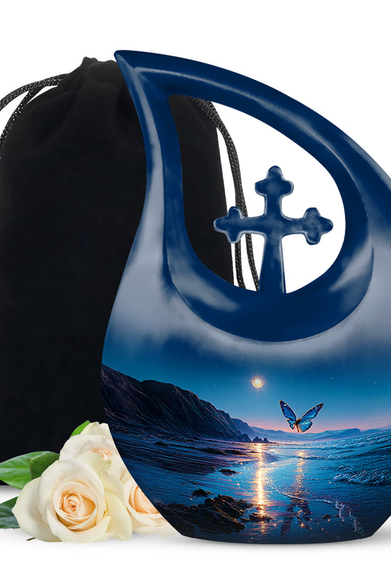 Royal Blue Butterfly Cremation Urn top-down view of secure threaded lid - devotional cross-drop butterfly engraving - full-size 10 inch 200 cubic inch adult cremation urn