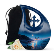 Royal Blue Butterfly Cremation Urn top-down view of secure threaded lid - devotional cross-drop butterfly engraving - full-size 10 inch 200 cubic inch adult cremation urn