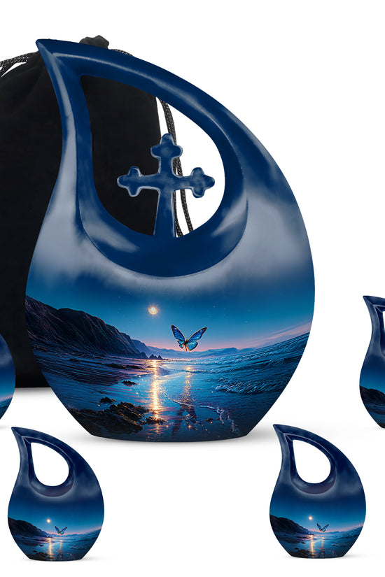 Calming Blue Butterfly Cremation Urn urn with complimentary velvet bag - faith-inspired cross-drop urn with butterfly pattern - memorial set with one large and four small urns