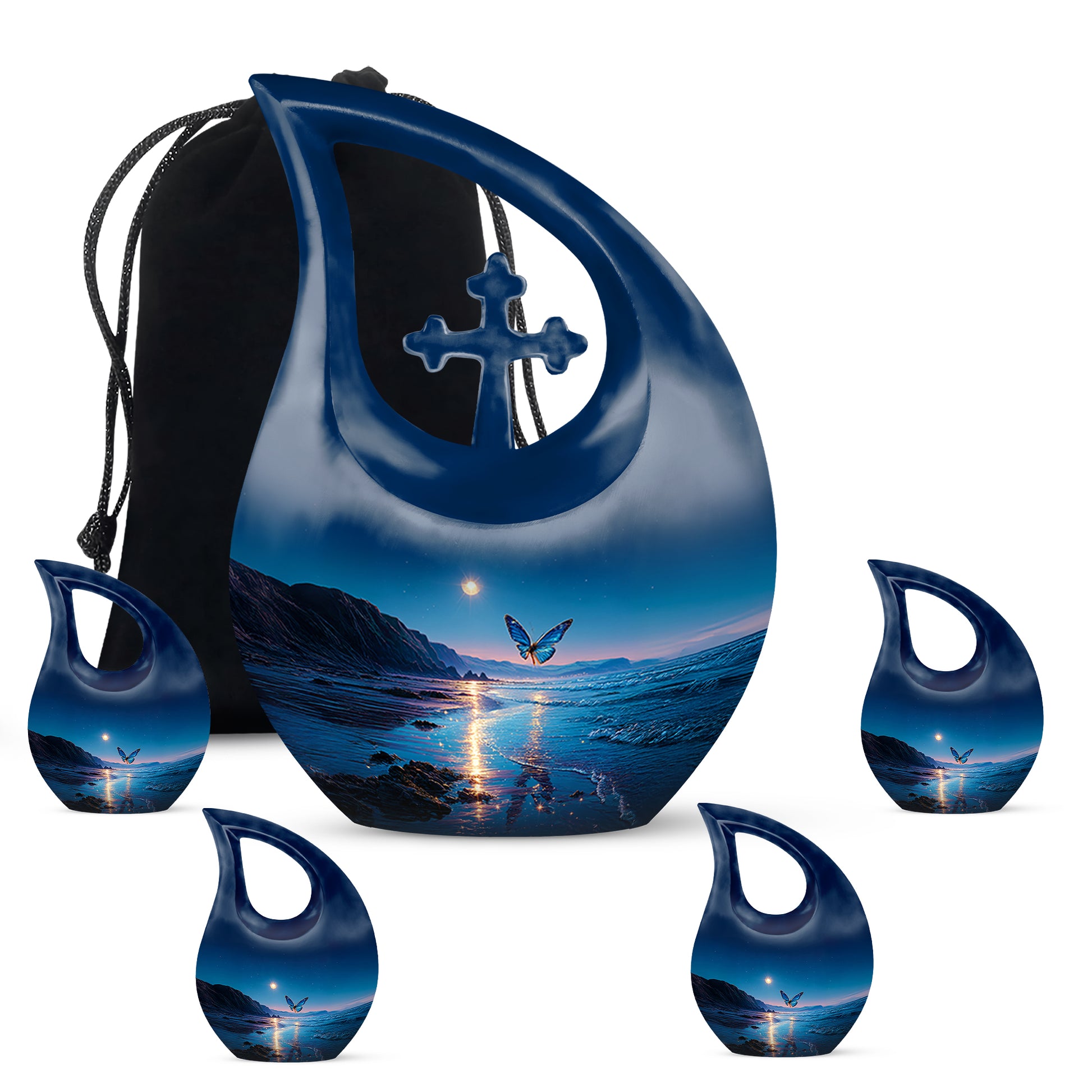 Calming Blue Butterfly Cremation Urn urn with complimentary velvet bag - faith-inspired cross-drop urn with butterfly pattern - memorial set with one large and four small urns