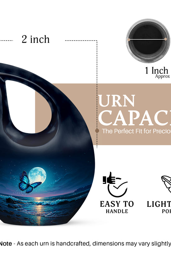 Soft Blue Butterfly Cremation Urn back view with polished surface - faith-inspired cross-drop urn with butterfly pattern - mini keepsake memorial for portion of cremation ashes