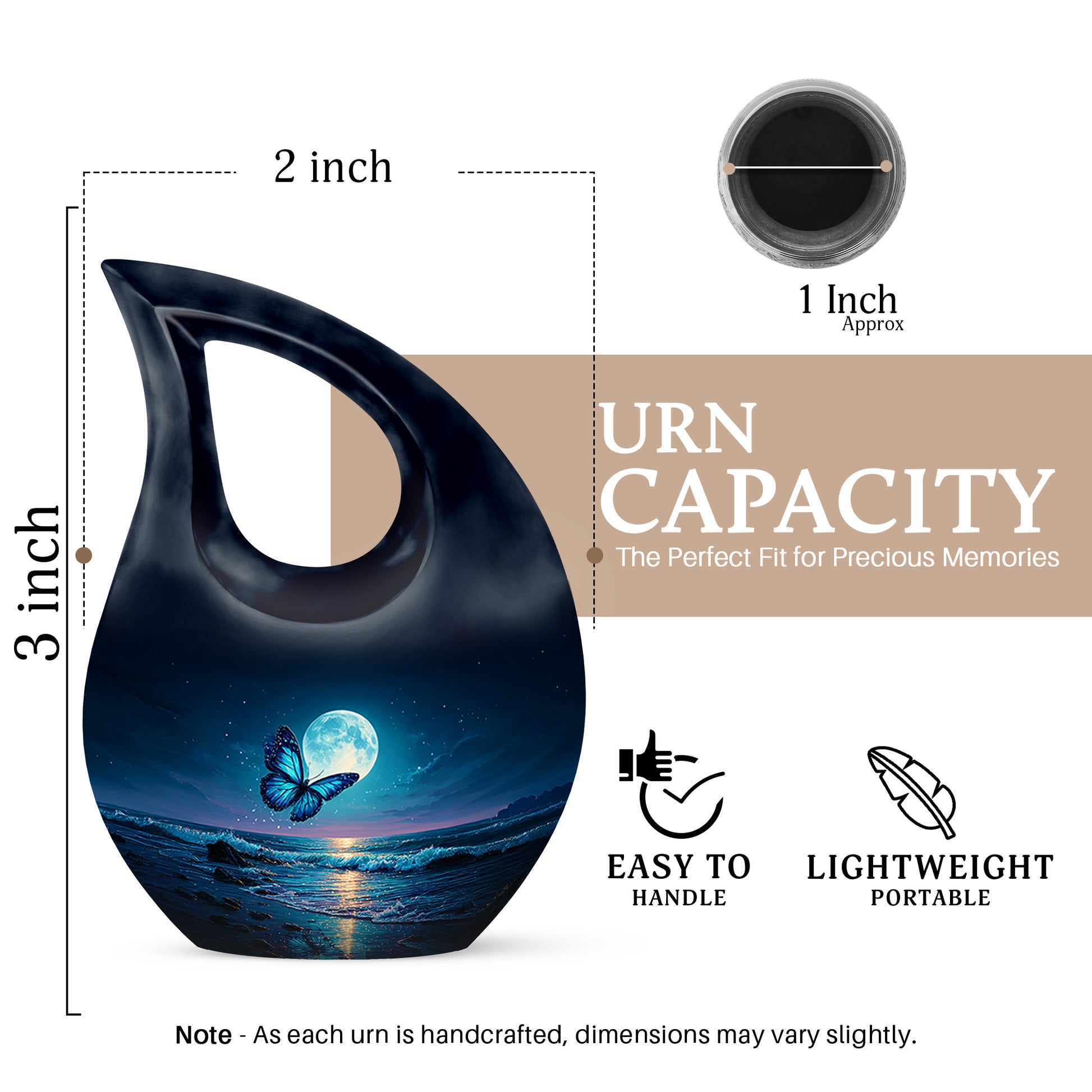Soft Blue Butterfly Cremation Urn back view with polished surface - faith-inspired cross-drop urn with butterfly pattern - mini keepsake memorial for portion of cremation ashes