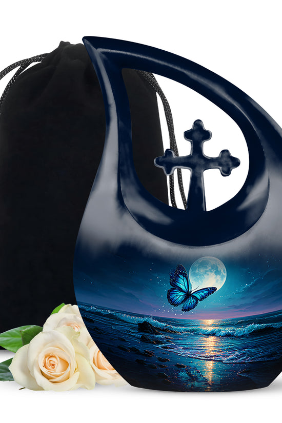 Navy Blue Butterfly Cremation Urn top-down view of secure threaded lid - cross and butterfly combined in spiritual memorial design - full-size 10 inch 200 cubic inch adult cremation urn