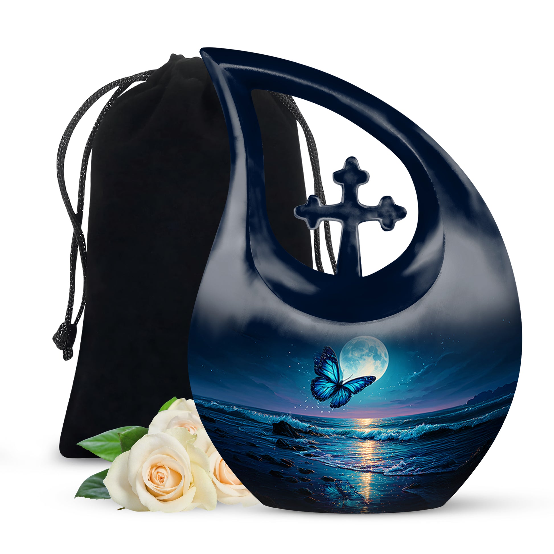 Navy Blue Butterfly Cremation Urn top-down view of secure threaded lid - cross and butterfly combined in spiritual memorial design - full-size 10 inch 200 cubic inch adult cremation urn