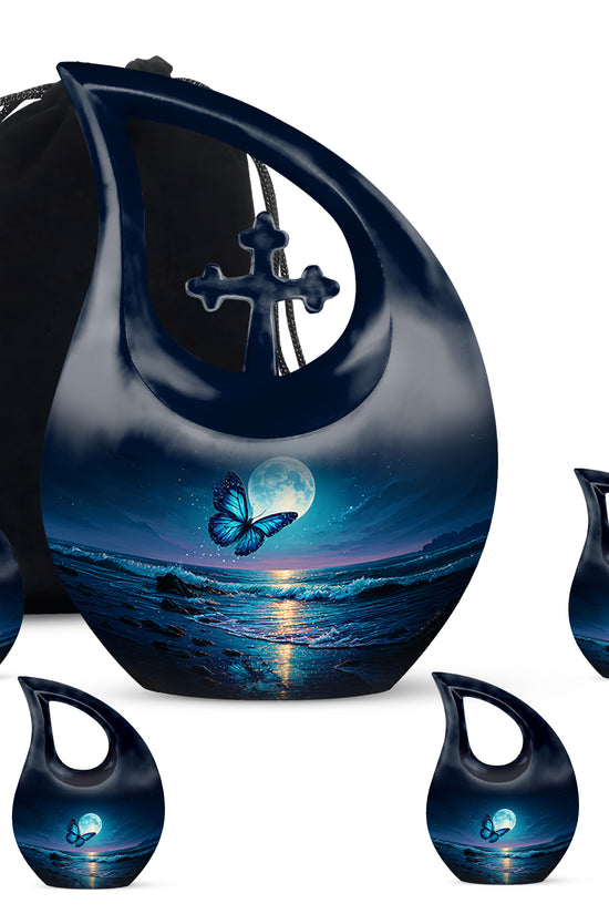 Royal Blue Butterfly Cremation Urn urn with complimentary velvet bag - devotional cross-drop butterfly engraving - memorial set with one large and four small urns