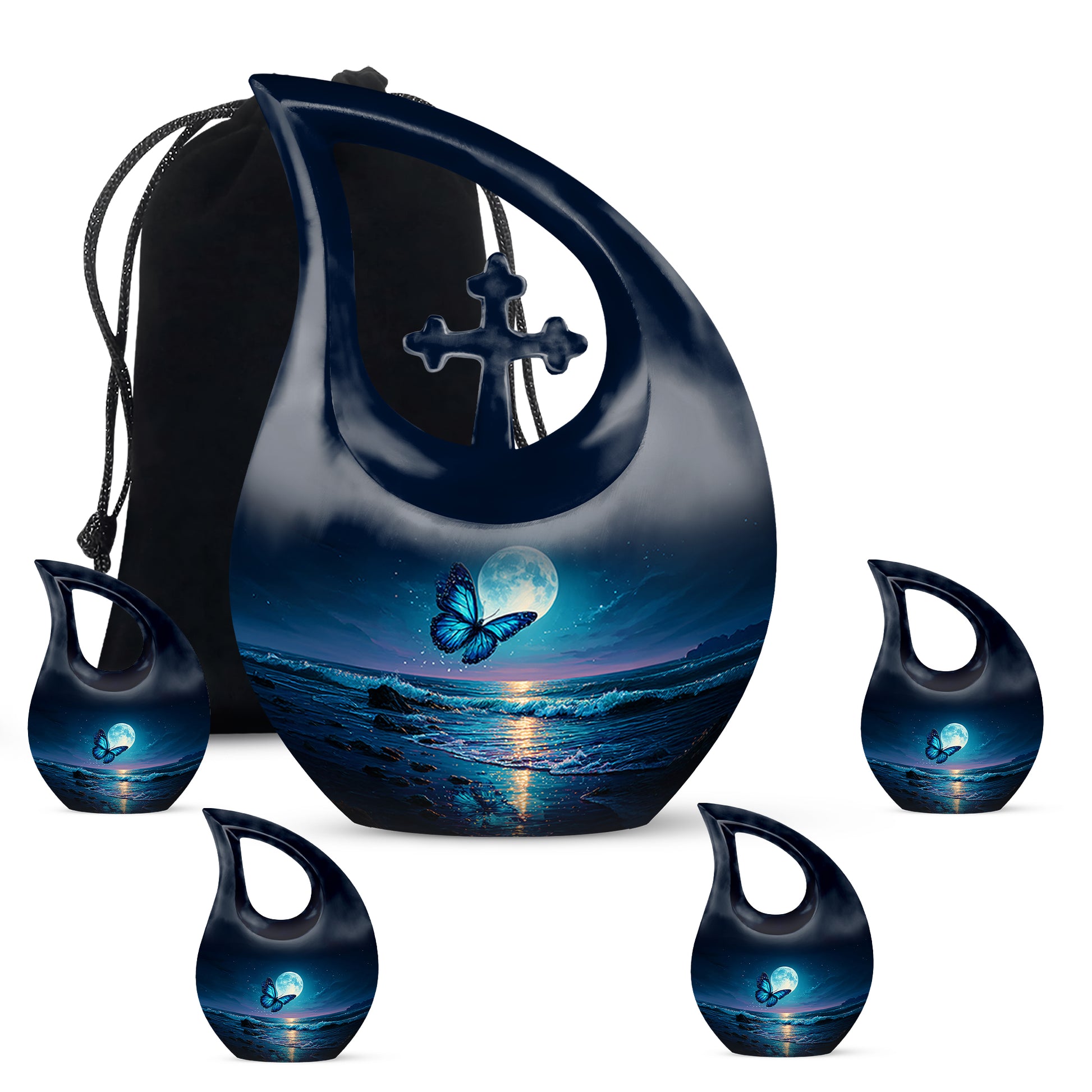Royal Blue Butterfly Cremation Urn urn with complimentary velvet bag - devotional cross-drop butterfly engraving - memorial set with one large and four small urns