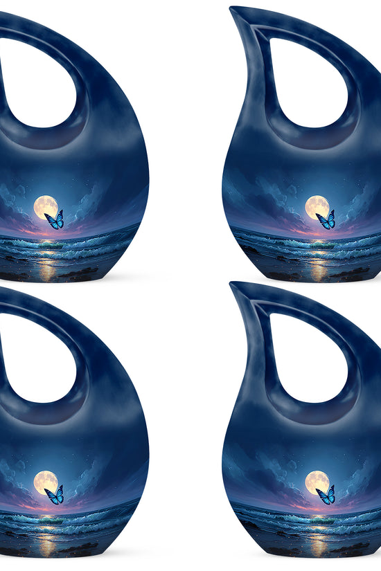 Royal Blue Butterfly Cremation Urn lifestyle display on memorial shelf - faith-inspired cross-drop urn with butterfly pattern - 10 inch aluminum urn for cremated remains