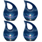 Royal Blue Butterfly Cremation Urn lifestyle display on memorial shelf - faith-inspired cross-drop urn with butterfly pattern - 10 inch aluminum urn for cremated remains