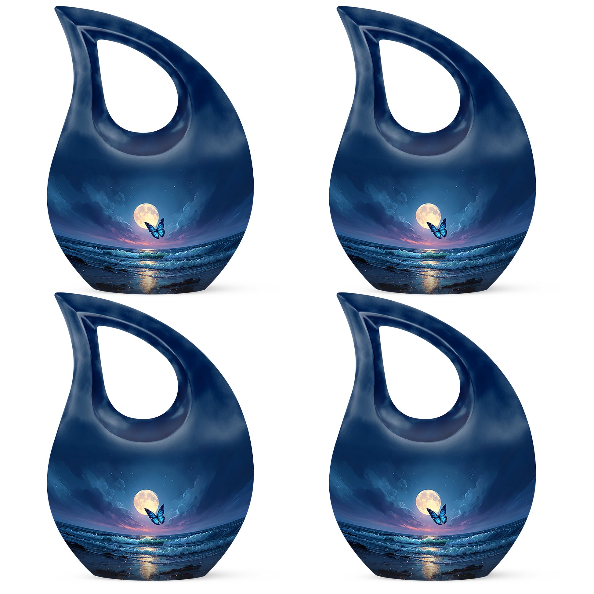 Royal Blue Butterfly Cremation Urn lifestyle display on memorial shelf - faith-inspired cross-drop urn with butterfly pattern - 10 inch aluminum urn for cremated remains