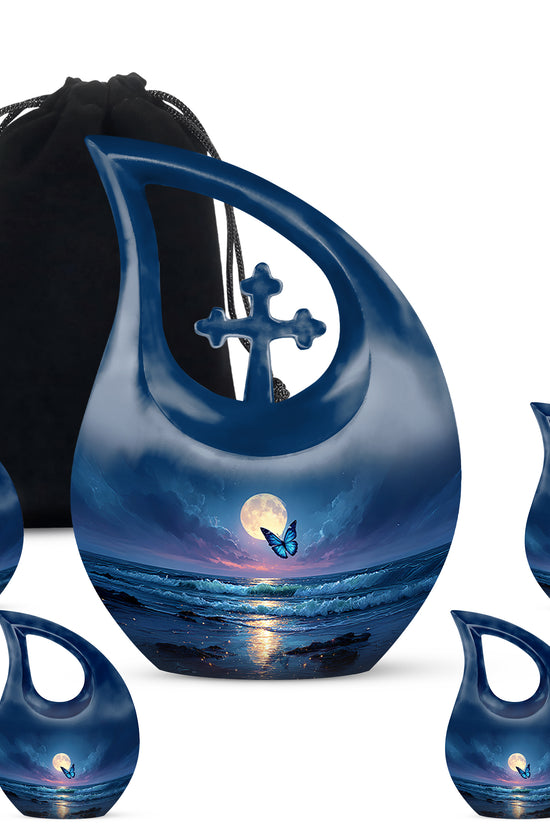 Indigo Butterfly Cremation Urn urn with complimentary velvet bag - cross and butterfly combined in spiritual memorial design - memorial set with one large and four small urns