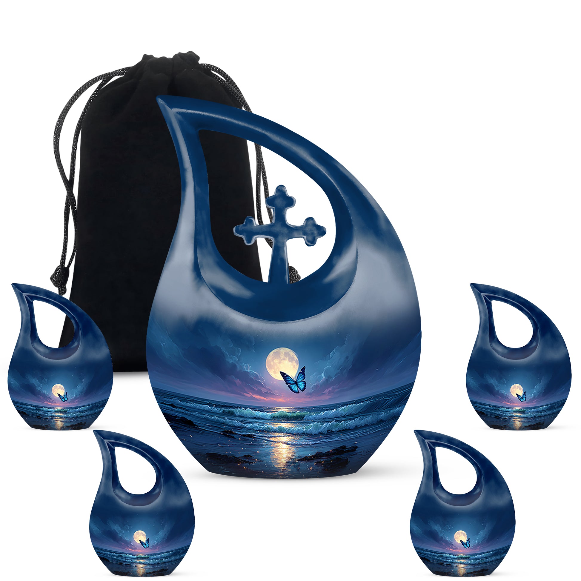 Indigo Butterfly Cremation Urn urn with complimentary velvet bag - cross and butterfly combined in spiritual memorial design - memorial set with one large and four small urns
