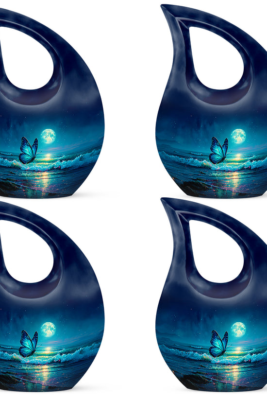 Sky Blue Butterfly Cremation Urn lifestyle display on memorial shelf - sacred cross merged with butterfly motif on metal - 10 inch aluminum urn for cremated remains
