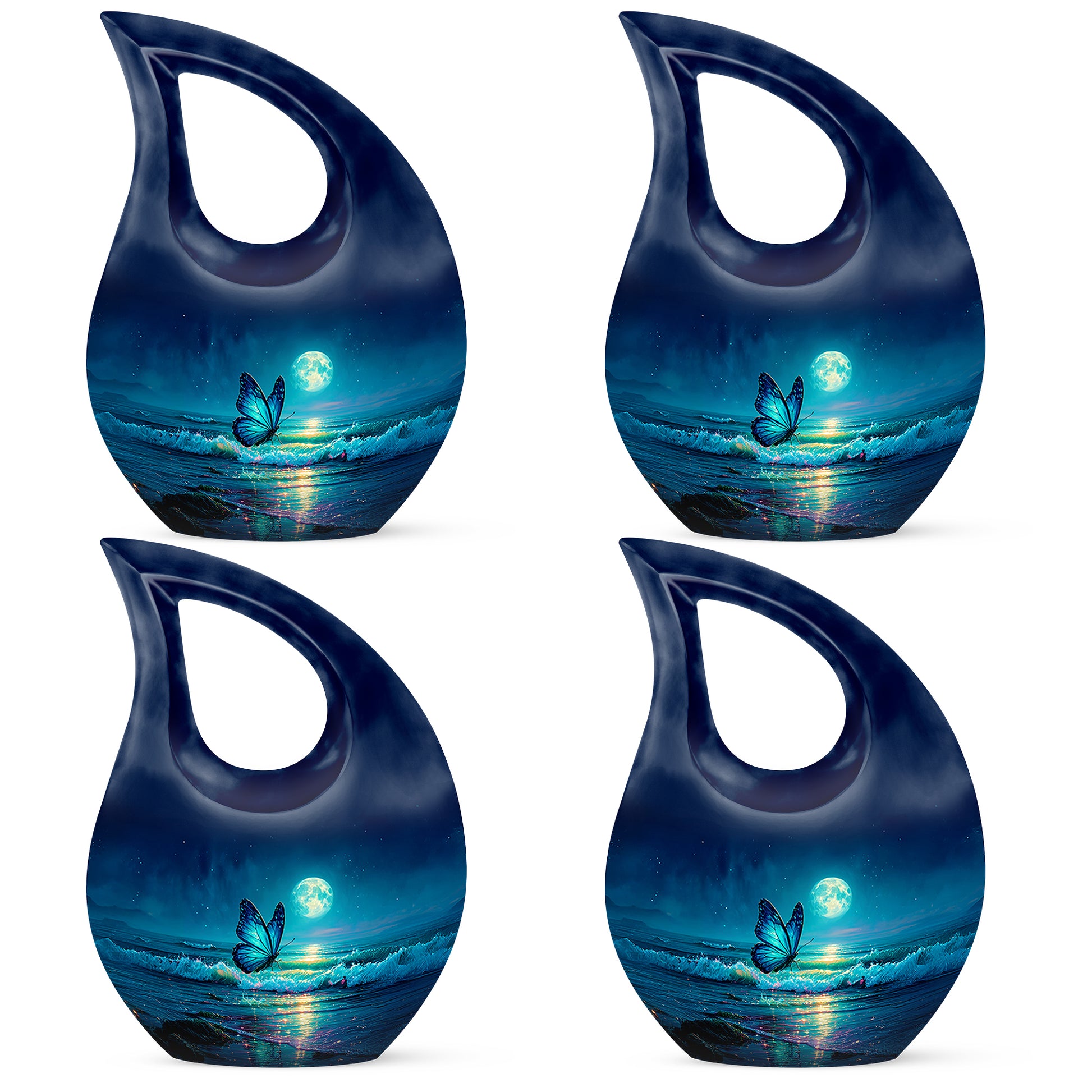 Sky Blue Butterfly Cremation Urn lifestyle display on memorial shelf - sacred cross merged with butterfly motif on metal - 10 inch aluminum urn for cremated remains