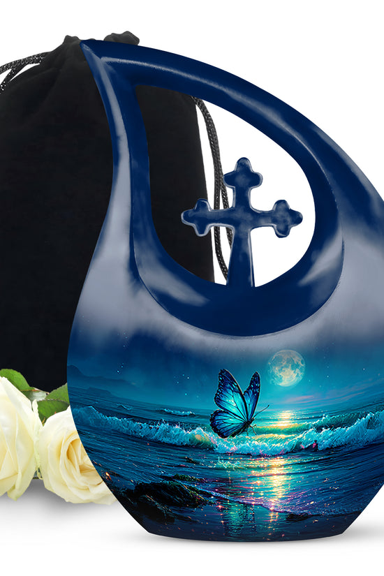 Cornflower Blue Butterfly Cremation Urn top-down view of secure threaded lid - faith-inspired cross-drop urn with butterfly pattern - full-size 10 inch 200 cubic inch adult cremation urn