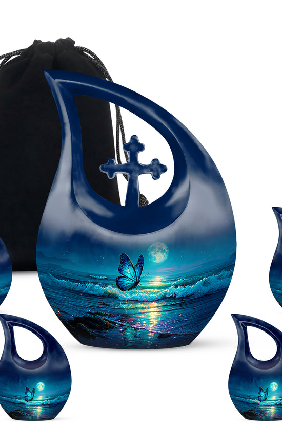 Navy Blue Butterfly Cremation Urn urn with complimentary velvet bag - sacred cross merged with butterfly motif on metal - memorial set with one large and four small urns