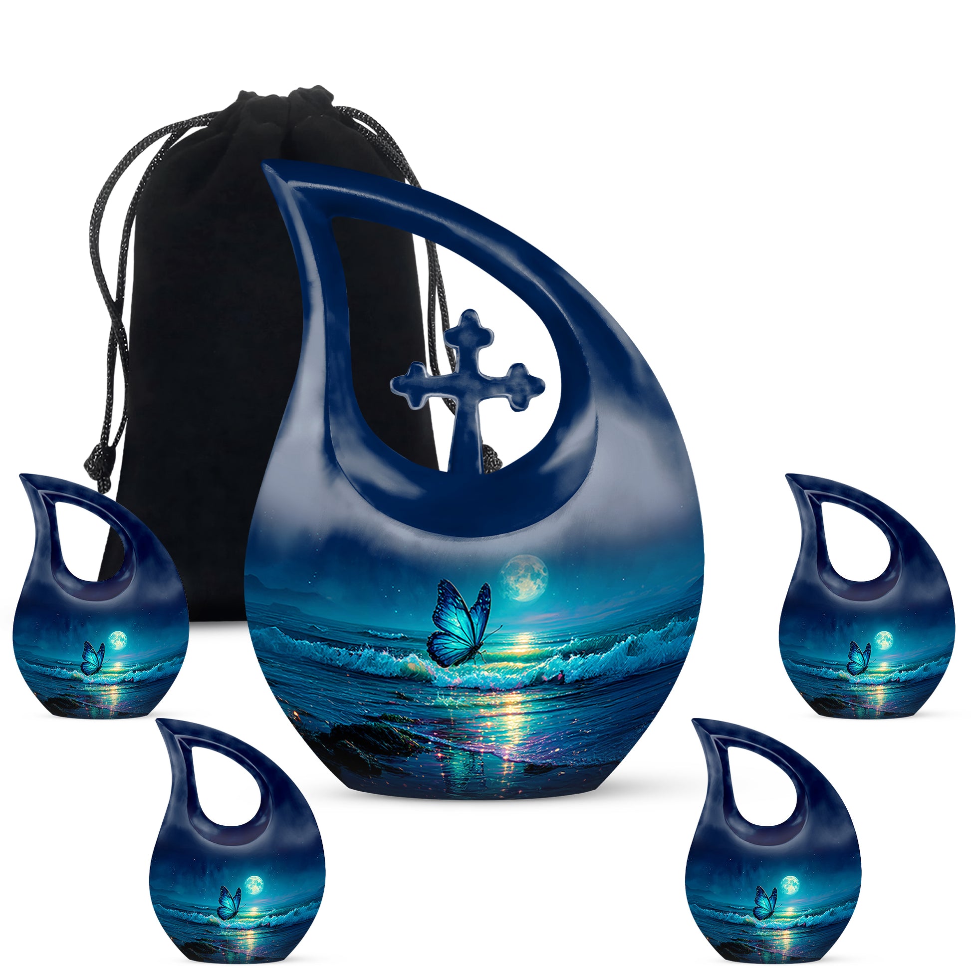 Navy Blue Butterfly Cremation Urn urn with complimentary velvet bag - sacred cross merged with butterfly motif on metal - memorial set with one large and four small urns