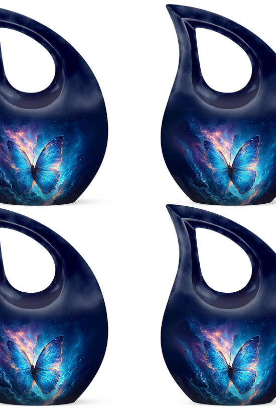 Celestial Blue Butterfly Cremation Urn lifestyle display on memorial shelf - cross and butterfly combined in spiritual memorial design - 10 inch aluminum urn for cremated remains
