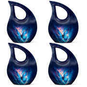 Celestial Blue Butterfly Cremation Urn lifestyle display on memorial shelf - cross and butterfly combined in spiritual memorial design - 10 inch aluminum urn for cremated remains