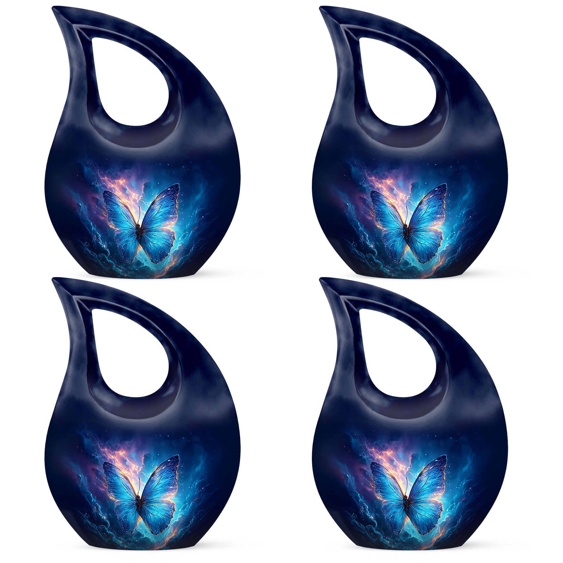 Celestial Blue Butterfly Cremation Urn lifestyle display on memorial shelf - cross and butterfly combined in spiritual memorial design - 10 inch aluminum urn for cremated remains