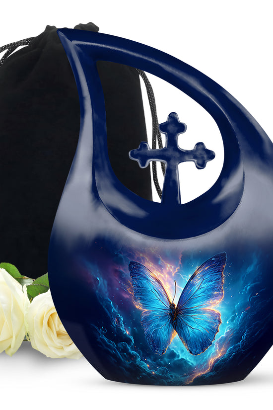Cornflower Blue Butterfly Cremation Urn top-down view of secure threaded lid - devotional cross-drop butterfly engraving - full-size 10 inch 200 cubic inch adult cremation urn