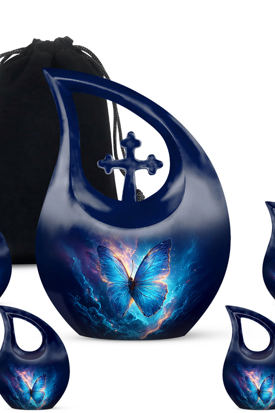 Dusty Blue Butterfly Cremation Urn urn with complimentary velvet bag - sacred cross merged with butterfly motif on metal - memorial set with one large and four small urns