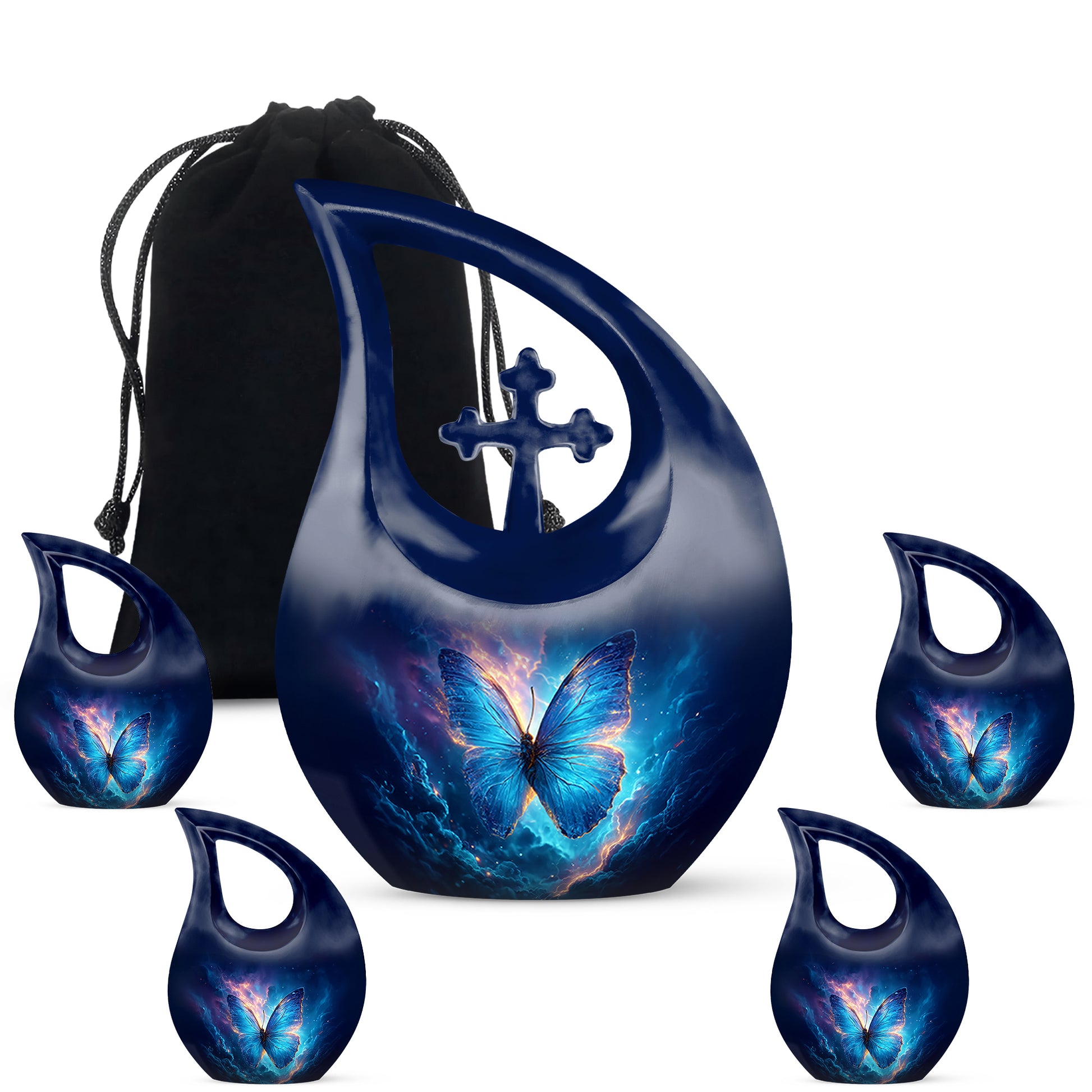 Dusty Blue Butterfly Cremation Urn urn with complimentary velvet bag - sacred cross merged with butterfly motif on metal - memorial set with one large and four small urns
