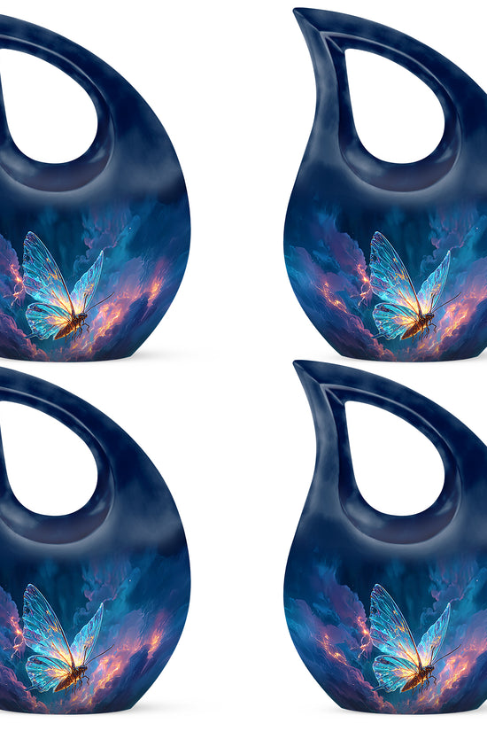 Powder Blue Butterfly Cremation Urn lifestyle display on memorial shelf - cross and butterfly combined in spiritual memorial design - 10 inch aluminum urn for cremated remains