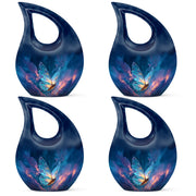 Powder Blue Butterfly Cremation Urn lifestyle display on memorial shelf - cross and butterfly combined in spiritual memorial design - 10 inch aluminum urn for cremated remains