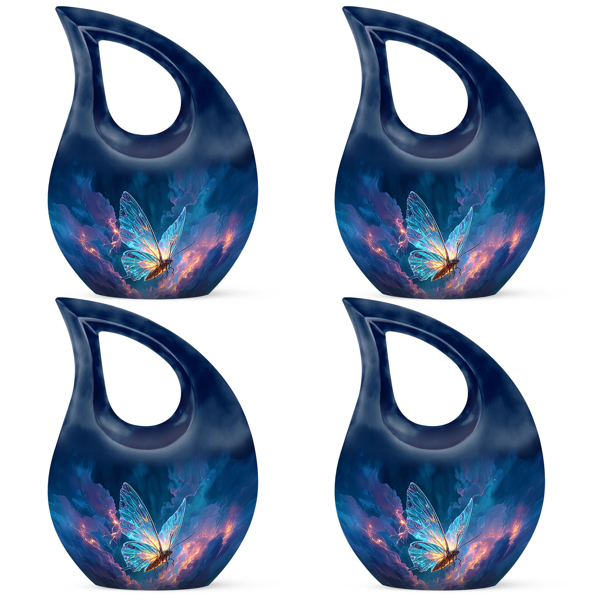 Powder Blue Butterfly Cremation Urn lifestyle display on memorial shelf - cross and butterfly combined in spiritual memorial design - 10 inch aluminum urn for cremated remains
