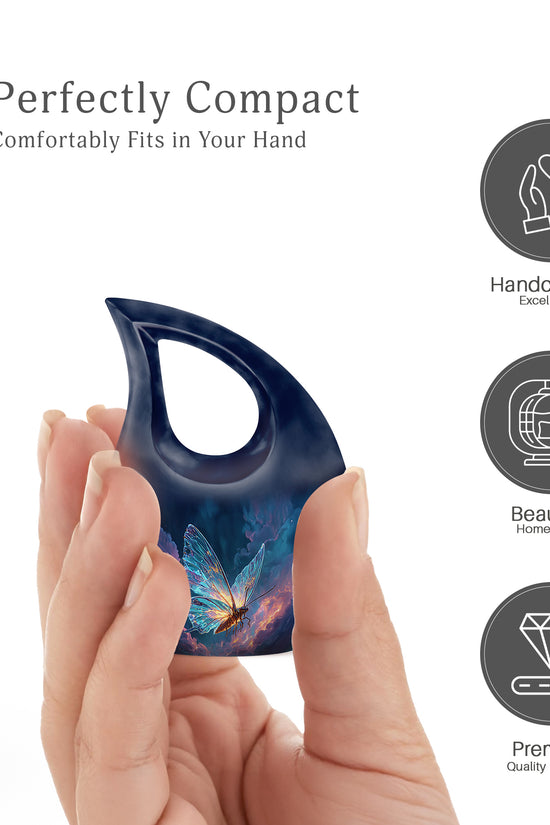 Serene Blue Butterfly Cremation Urn back view with polished surface - devotional cross-drop butterfly engraving - mini keepsake memorial for portion of cremation ashes
