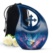 Misty Blue Butterfly Cremation Urn top-down view of secure threaded lid - sacred cross merged with butterfly motif on metal - full-size 10 inch 200 cubic inch adult cremation urn