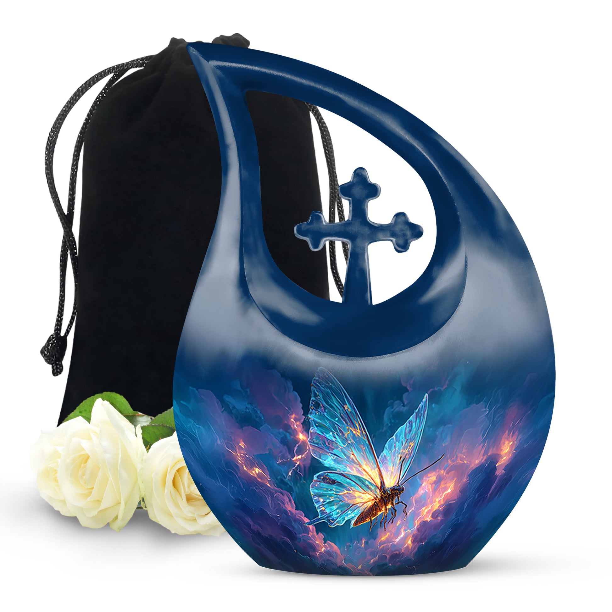 Misty Blue Butterfly Cremation Urn top-down view of secure threaded lid - sacred cross merged with butterfly motif on metal - full-size 10 inch 200 cubic inch adult cremation urn