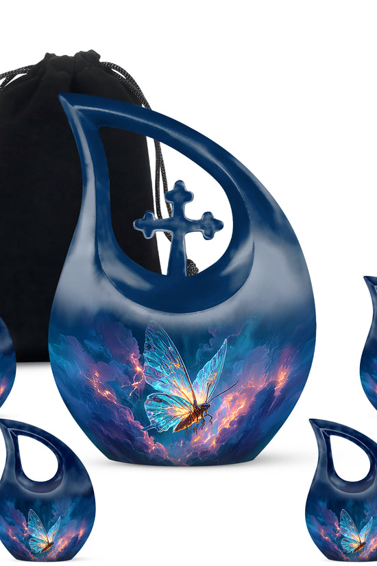 Steel Blue Butterfly Cremation Urn urn with complimentary velvet bag - faith-inspired cross-drop urn with butterfly pattern - memorial set with one large and four small urns