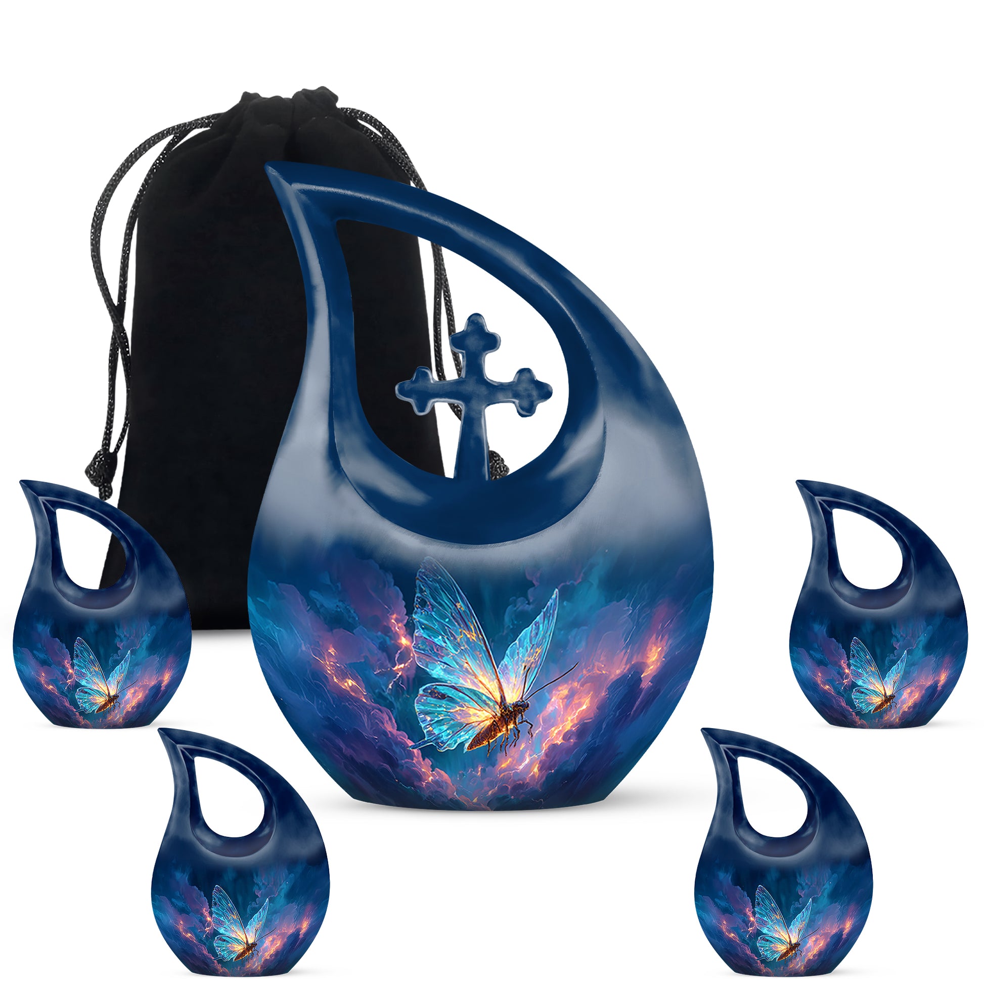 Steel Blue Butterfly Cremation Urn urn with complimentary velvet bag - faith-inspired cross-drop urn with butterfly pattern - memorial set with one large and four small urns