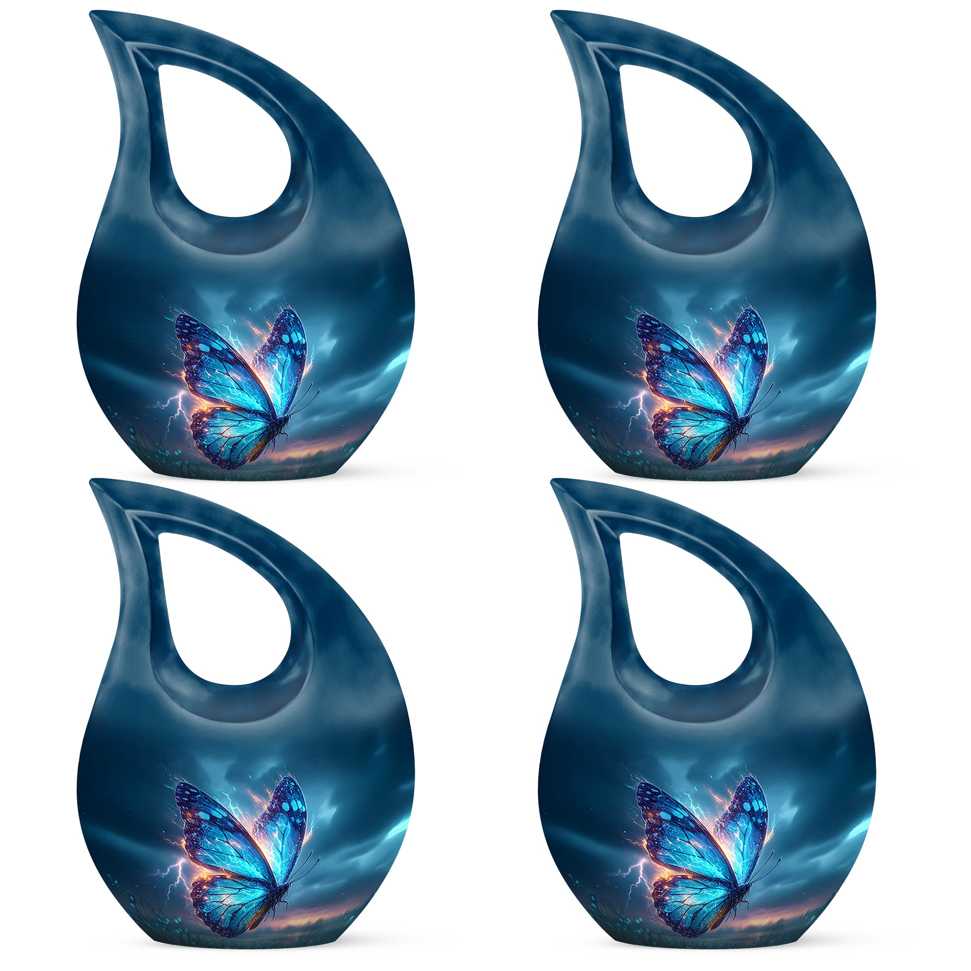 Steel Blue Butterfly Cremation Urn lifestyle display on memorial shelf - faith-inspired cross-drop urn with butterfly pattern - 10 inch aluminum urn for cremated remains