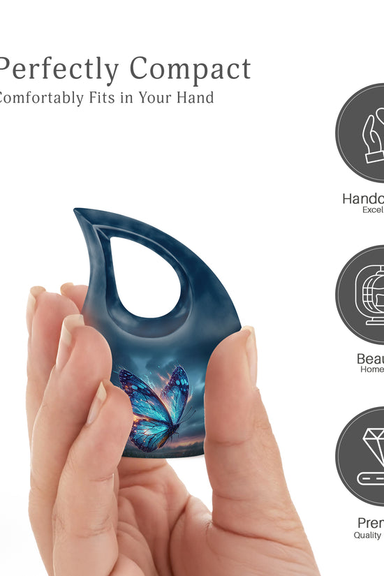 Serene Blue Butterfly Cremation Urn back view with polished surface - faith-inspired cross-drop urn with butterfly pattern - mini keepsake memorial for portion of cremation ashes