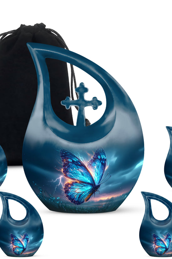 Slate Blue Butterfly Cremation Urn urn with complimentary velvet bag - sacred cross merged with butterfly motif on metal - memorial set with one large and four small urns