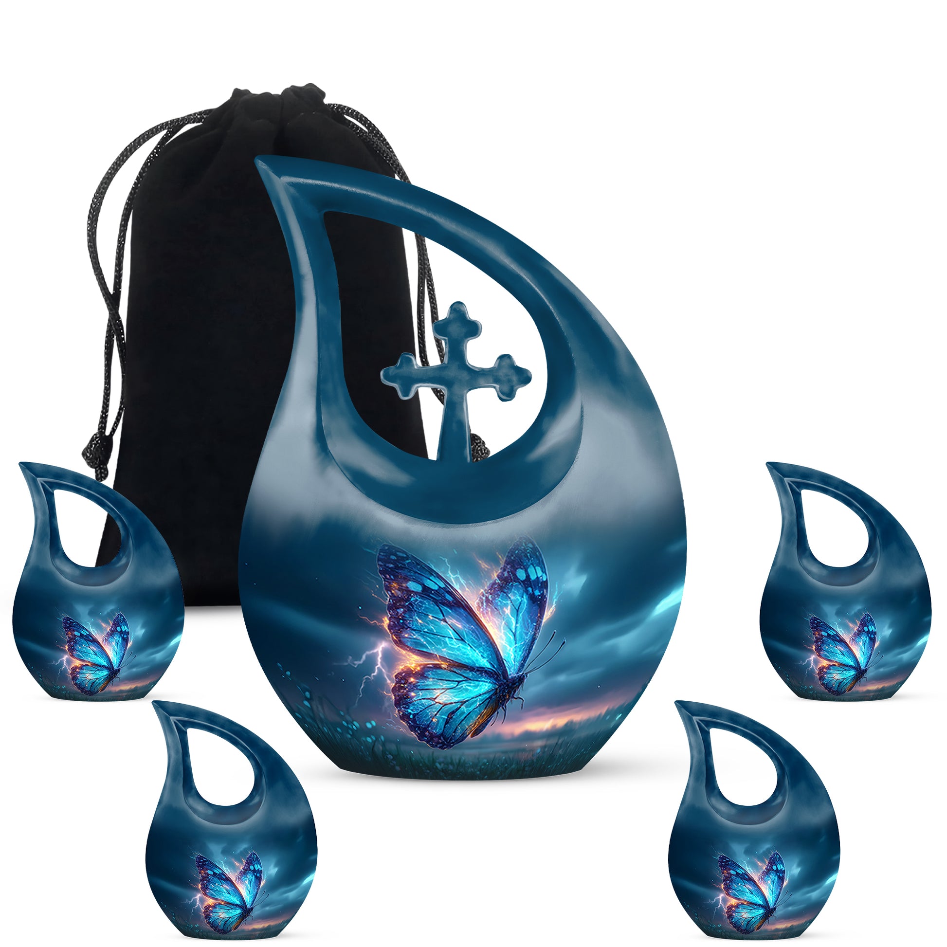 Slate Blue Butterfly Cremation Urn urn with complimentary velvet bag - sacred cross merged with butterfly motif on metal - memorial set with one large and four small urns