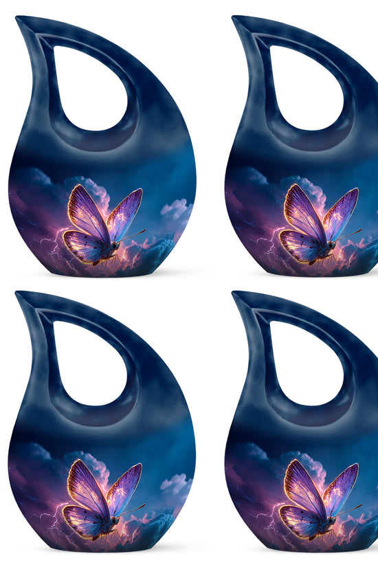 Cobalt Blue Butterfly Cremation Urn lifestyle display on memorial shelf - devotional cross-drop butterfly engraving - 10 inch aluminum urn for cremated remains