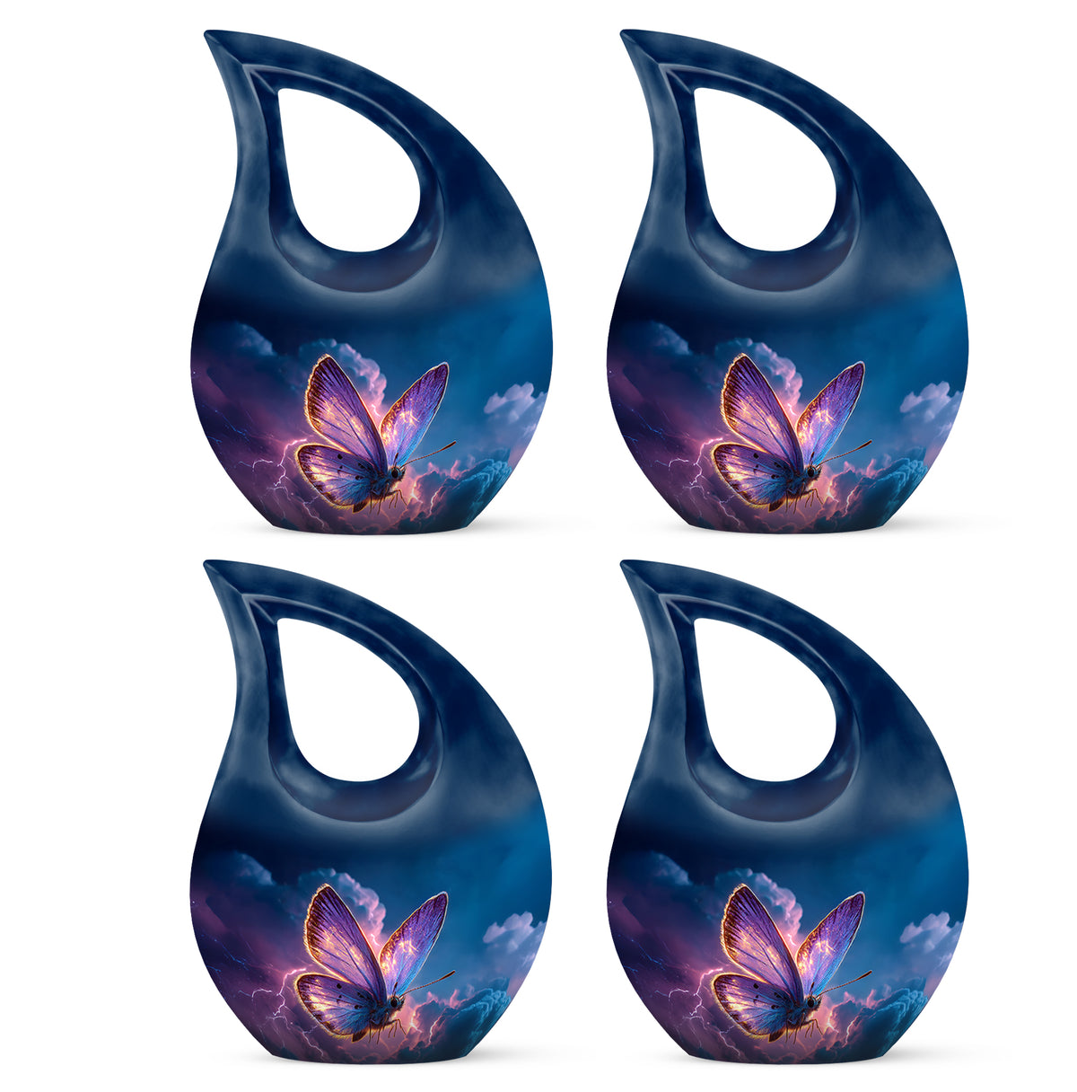 Cobalt Blue Butterfly Cremation Urn lifestyle display on memorial shelf - devotional cross-drop butterfly engraving - 10 inch aluminum urn for cremated remains