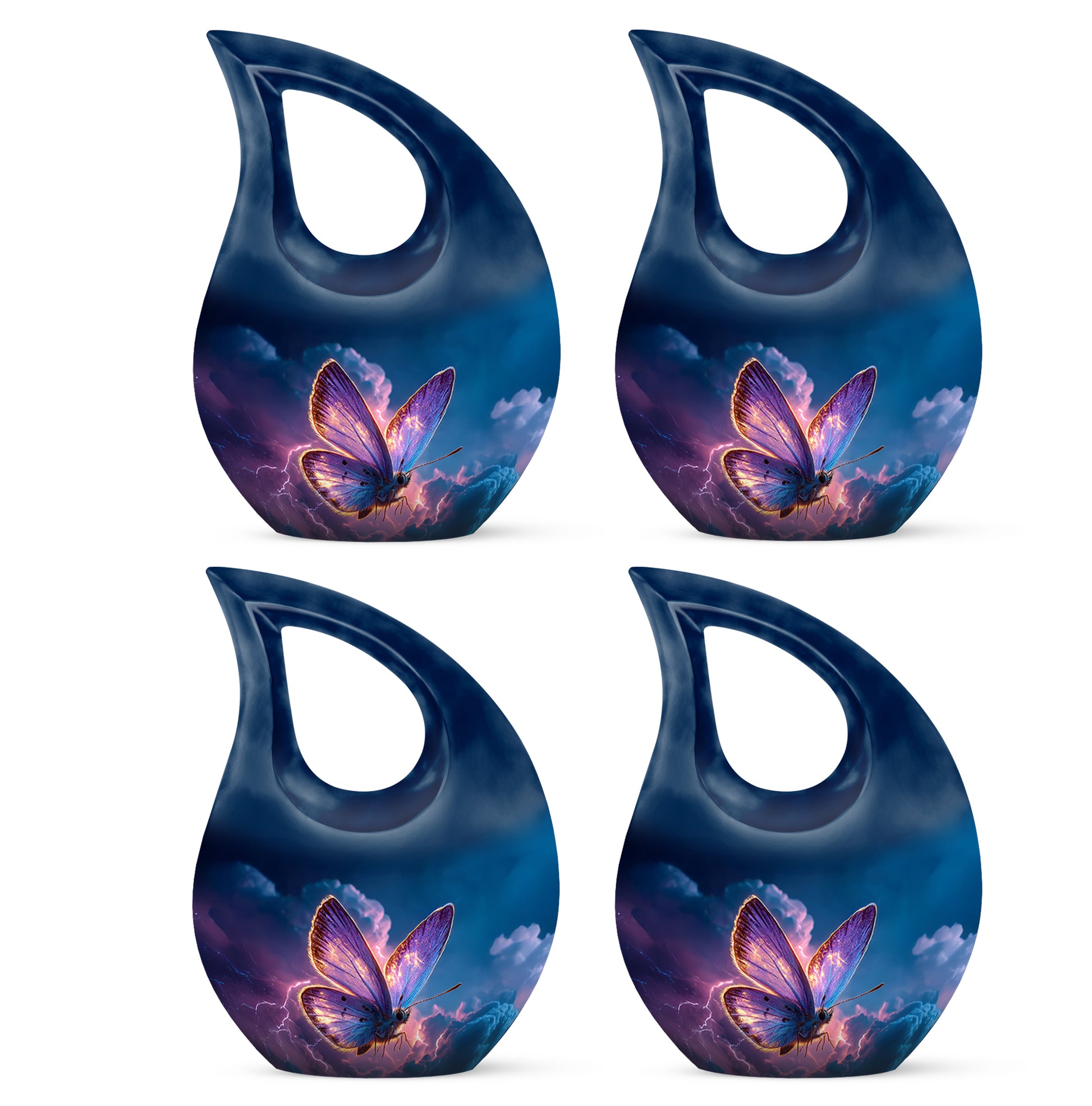 Cobalt Blue Butterfly Cremation Urn lifestyle display on memorial shelf - devotional cross-drop butterfly engraving - 10 inch aluminum urn for cremated remains