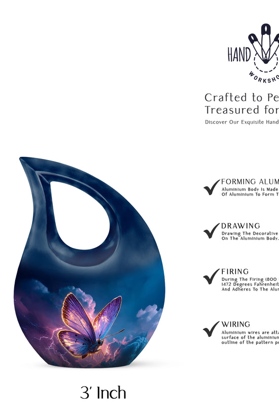 Sky Blue Butterfly Cremation Urn back view with polished surface - cross and butterfly combined in spiritual memorial design - mini keepsake memorial for portion of cremation ashes