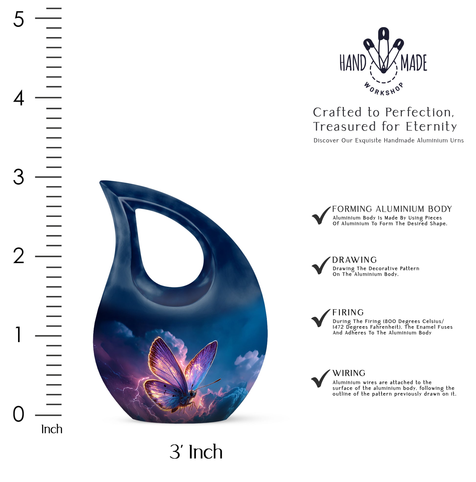 Sky Blue Butterfly Cremation Urn back view with polished surface - cross and butterfly combined in spiritual memorial design - mini keepsake memorial for portion of cremation ashes