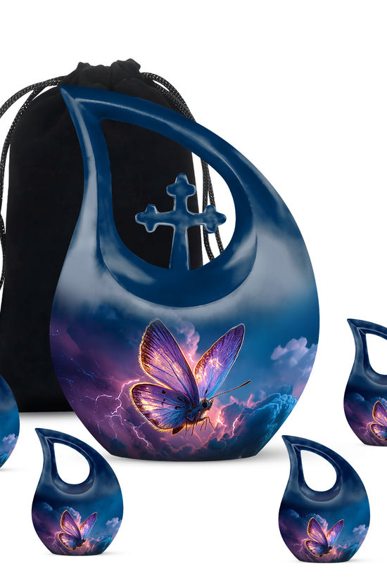 Celestial Blue Butterfly Cremation Urn urn with complimentary velvet bag - cross and butterfly combined in spiritual memorial design - memorial set with one large and four small urns
