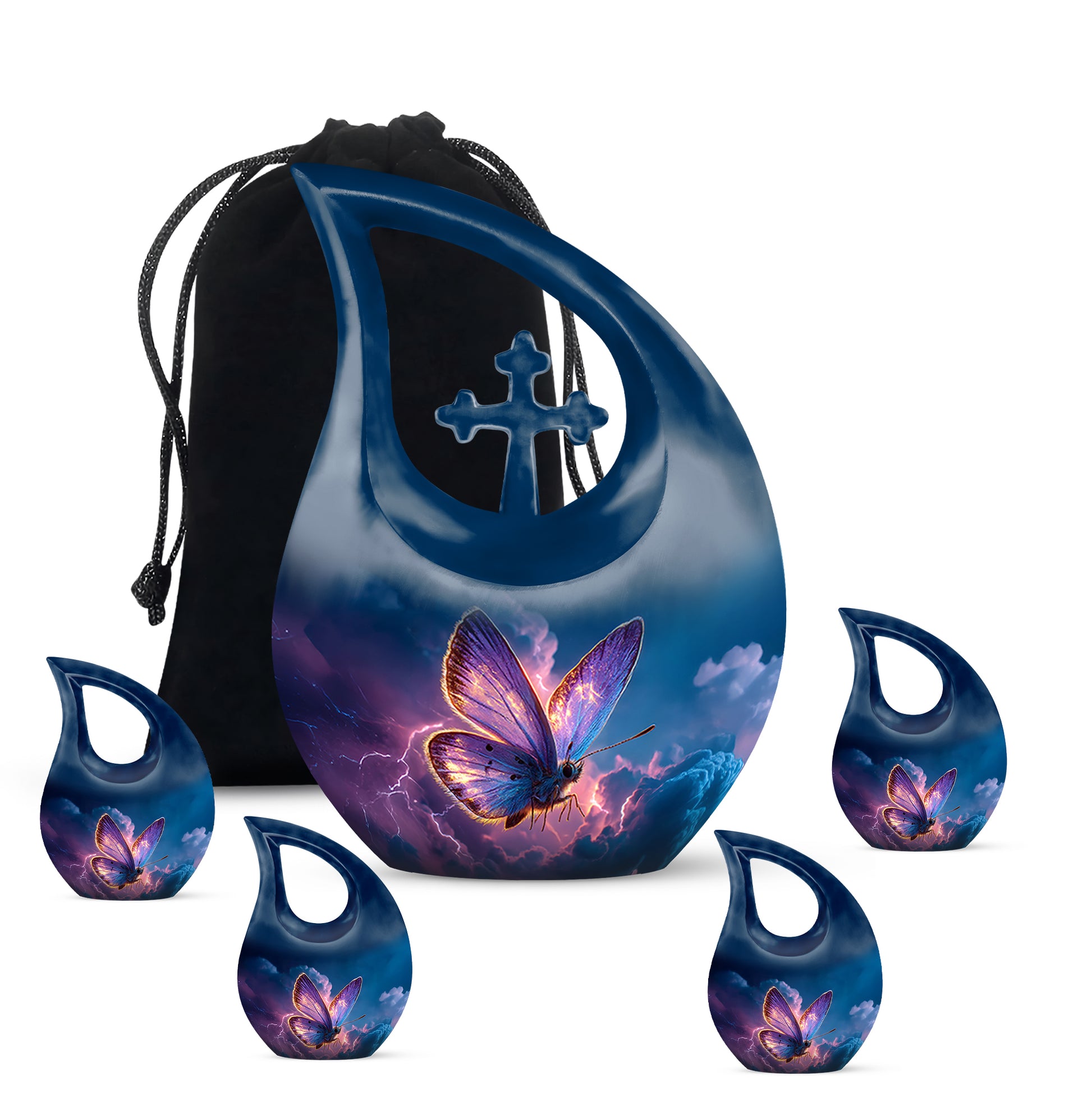Celestial Blue Butterfly Cremation Urn urn with complimentary velvet bag - cross and butterfly combined in spiritual memorial design - memorial set with one large and four small urns