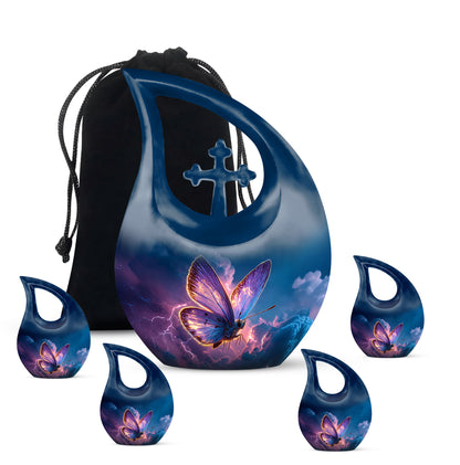 Celestial Blue Butterfly Cremation Urn urn with complimentary velvet bag - cross and butterfly combined in spiritual memorial design - memorial set with one large and four small urns