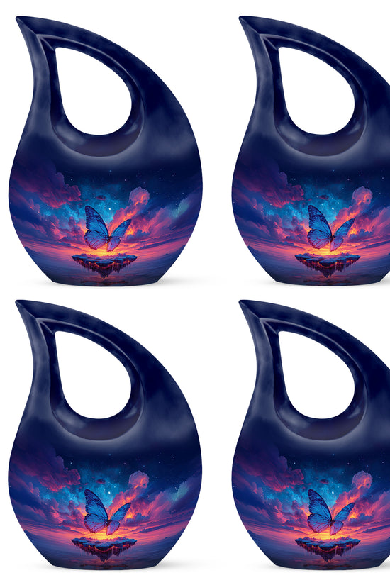 Vivid Blue Butterfly Cremation Urn lifestyle display on memorial shelf - faith-inspired cross-drop urn with butterfly pattern - 10 inch aluminum urn for cremated remains