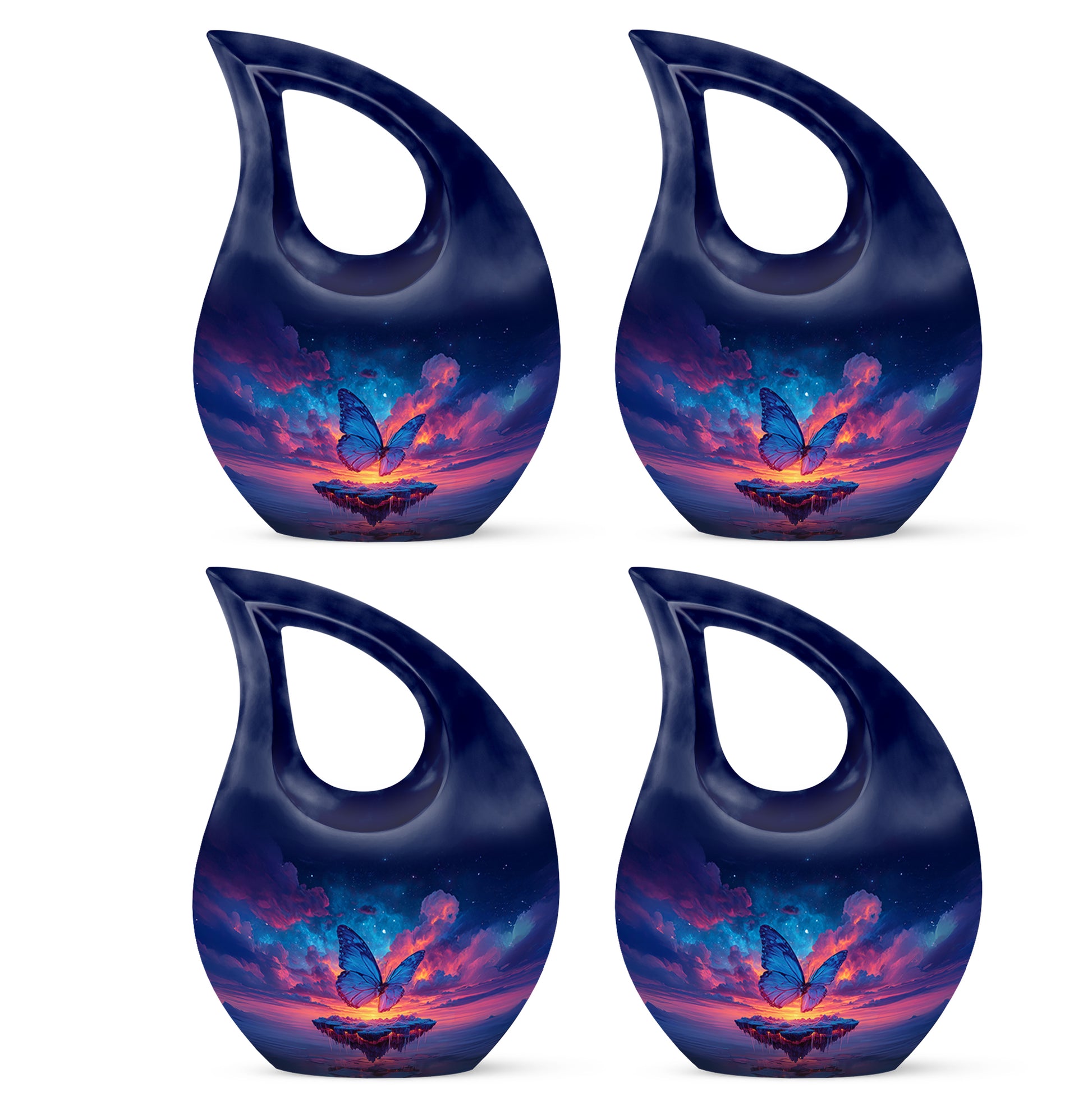 Vivid Blue Butterfly Cremation Urn lifestyle display on memorial shelf - faith-inspired cross-drop urn with butterfly pattern - 10 inch aluminum urn for cremated remains