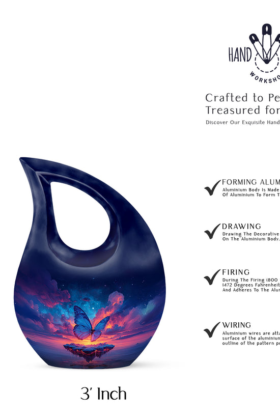 Cobalt Blue Butterfly Cremation Urn back view with polished surface - faith-inspired cross-drop urn with butterfly pattern - mini keepsake memorial for portion of cremation ashes