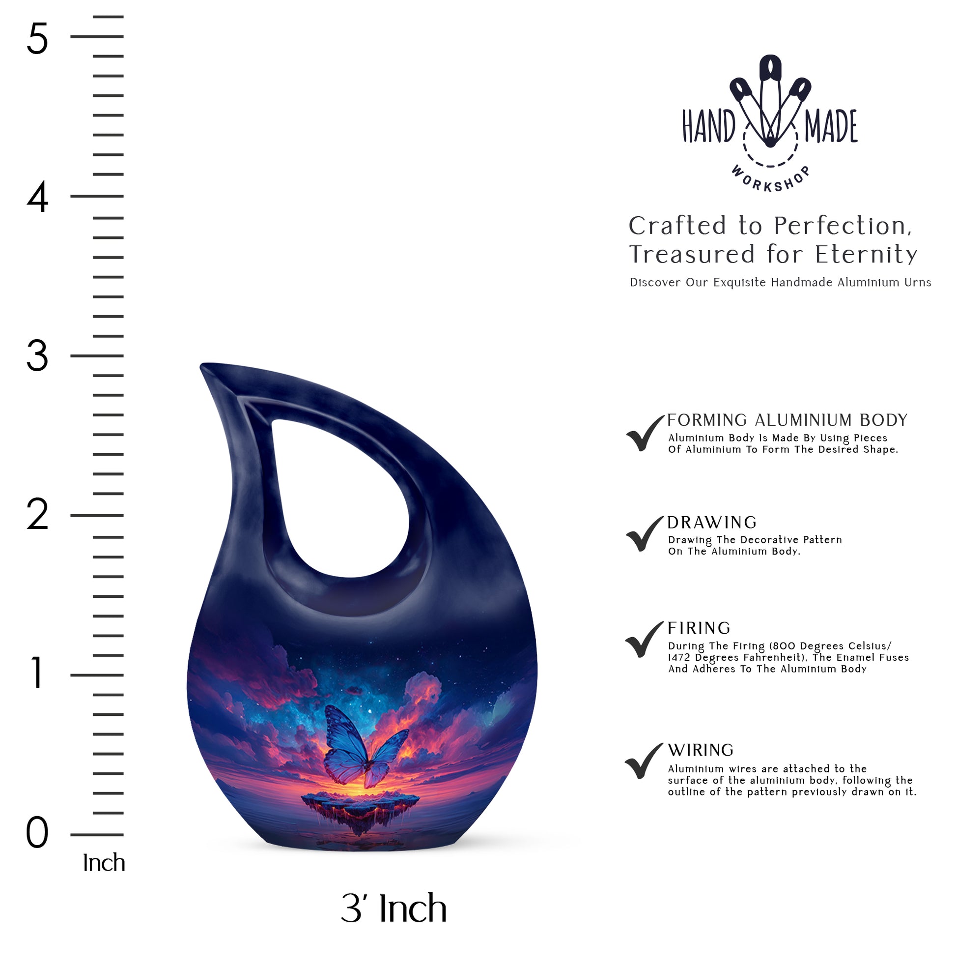 Cobalt Blue Butterfly Cremation Urn back view with polished surface - faith-inspired cross-drop urn with butterfly pattern - mini keepsake memorial for portion of cremation ashes